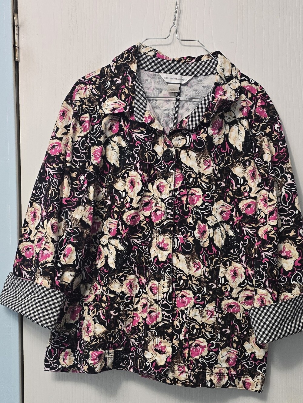 Christopher & Banks Floral Jacket Size L Black Pink Gingham Cuffs